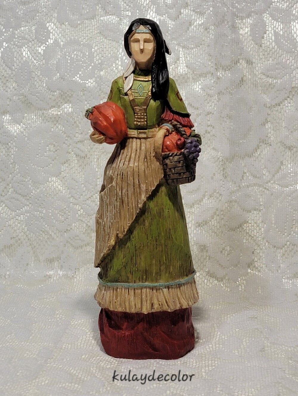 Vtg Native American Style Fall Harvest Woman Figurine 10.5" Hand Painted Resin